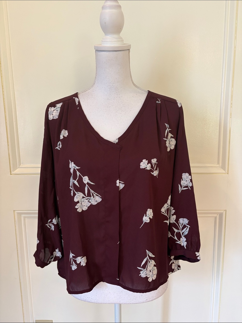 Collective Concepts Wine Floral V-Neck Blouse